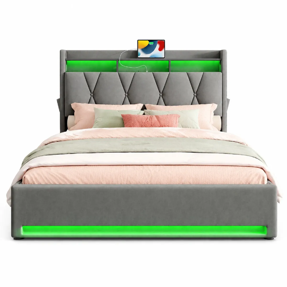 Lit Coffre 140x200 Cm Avec Led, Ports Usb Et Type-c, En Velours, Gris Foncé, Sans Matelas