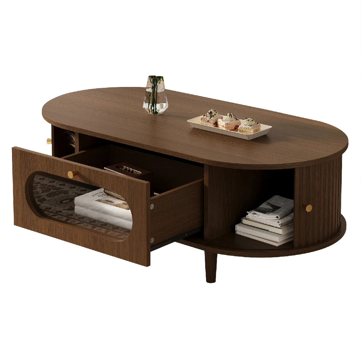 Table Basse De Salon 100x50x36 Cm Avec Un Tiroir, Portes Tambour, 4 Pieds De Soutien - Teinte Noyer