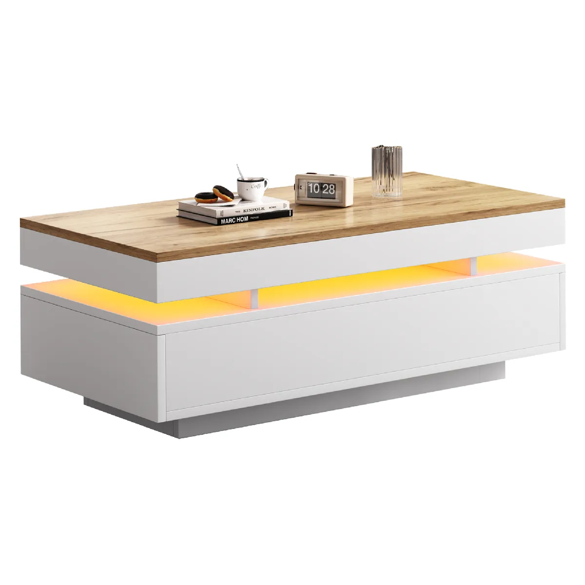 Table Basse, Table De Salon Avec 2 Tiroirs Et Éclairage Led - Blanc Et Bois - 100x50x35 Cm