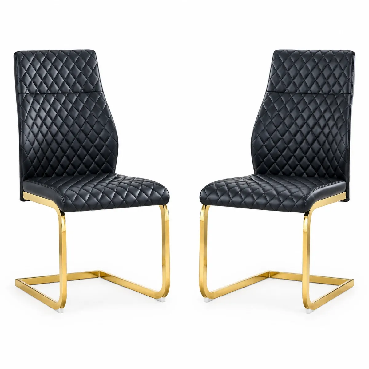 Lot de 2 chaises de salle à manger en similicuir PU noir avec dossier haut matelassé et cadre métallique doré