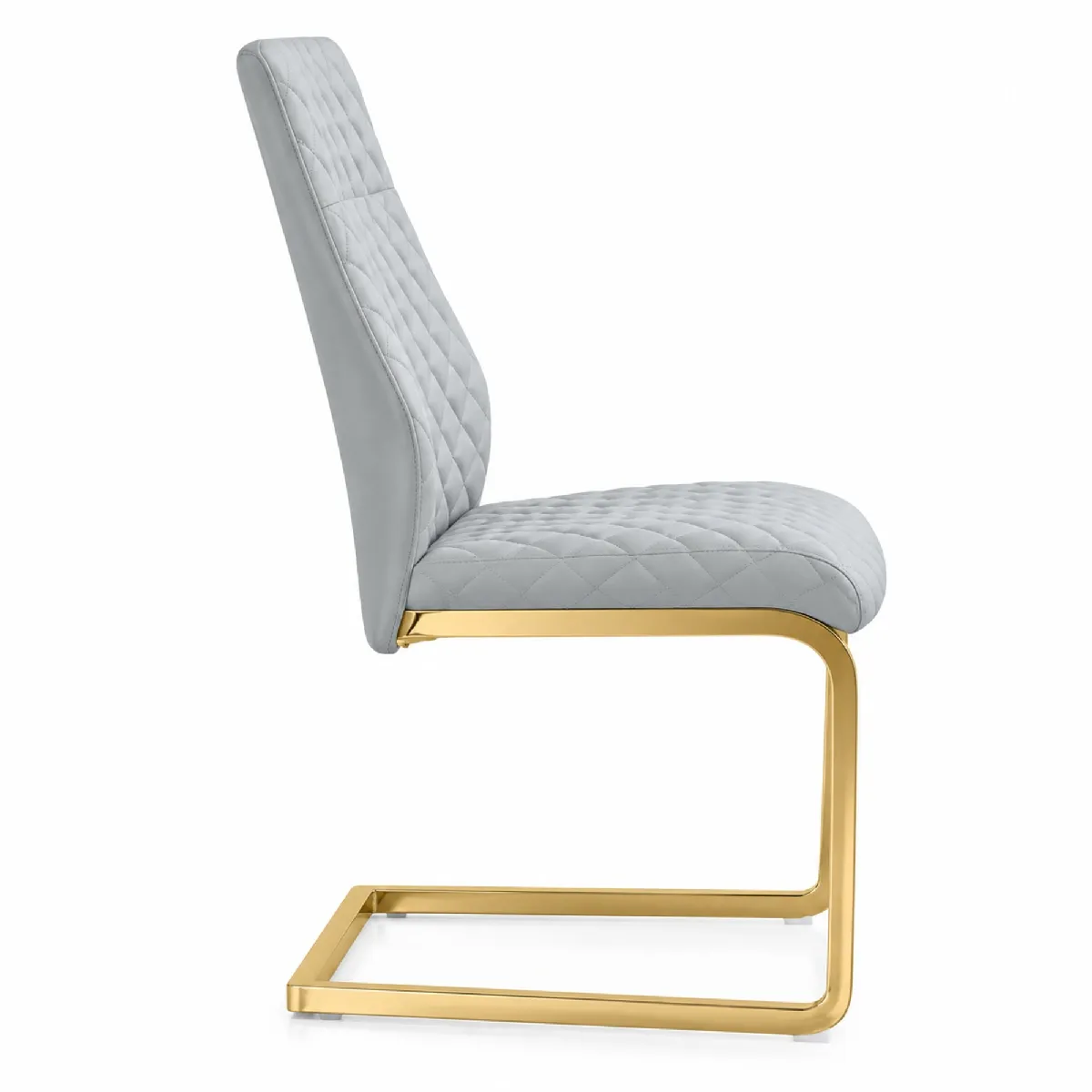 Lot de 2 chaises de salle à manger dossier haut rembourrées en PU gris clair cadre métallique doré motif losanges