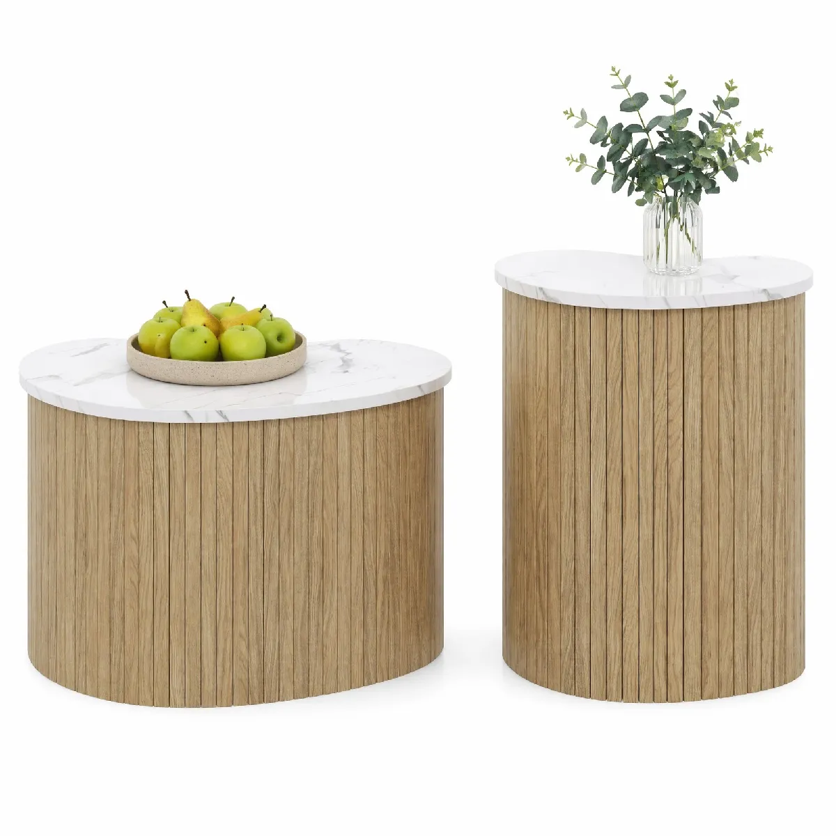 Tables Basses Gigognes Effet Marbre aux Formes Courbes, Style Nordique en MDF pour Petit Espace - Naturel et Blanc