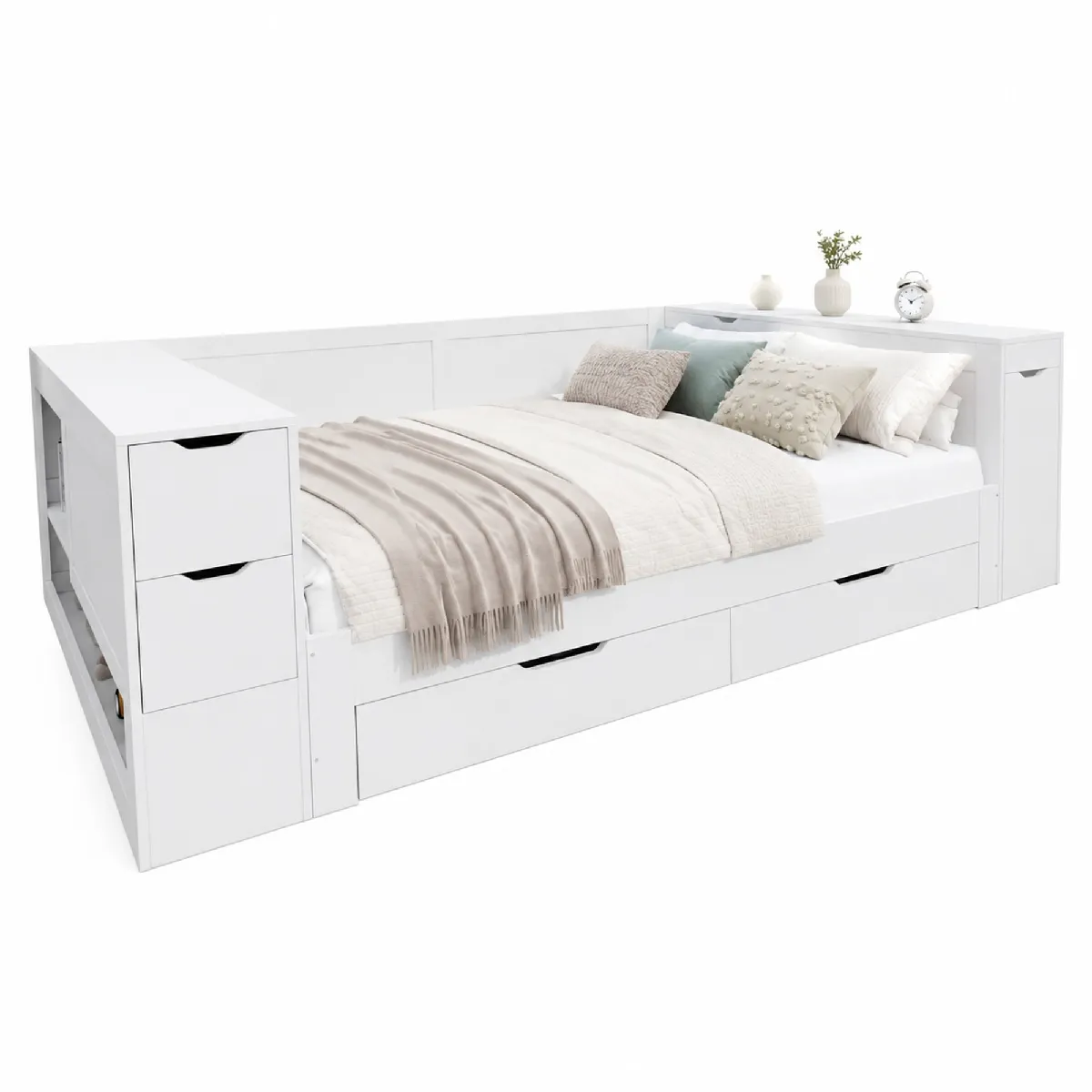 Lit Adulte 140x190 Cm - Avec Tiroirs Et Espace De Rangement Latéral - Blanc Pur - Sans Matelas