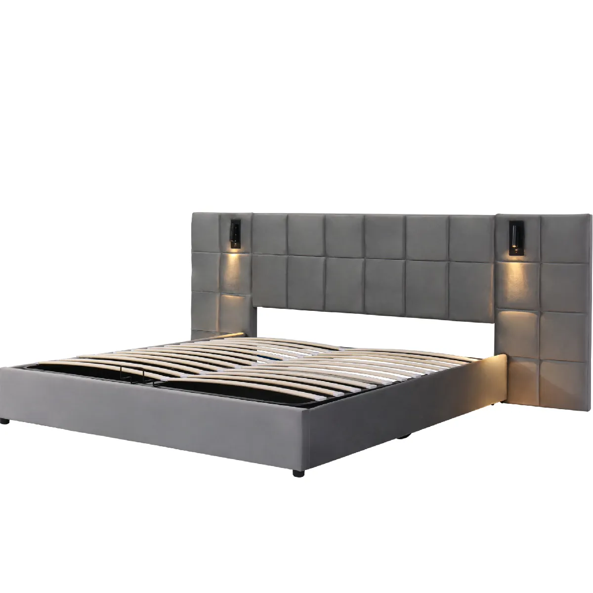 Lit Coffre 80x200 Cm - Sommier Avec Lampe Directionnelle Et Port Usb, Motif Damier, En Velours Gris, Sans Matelas Ni Table De Chevet