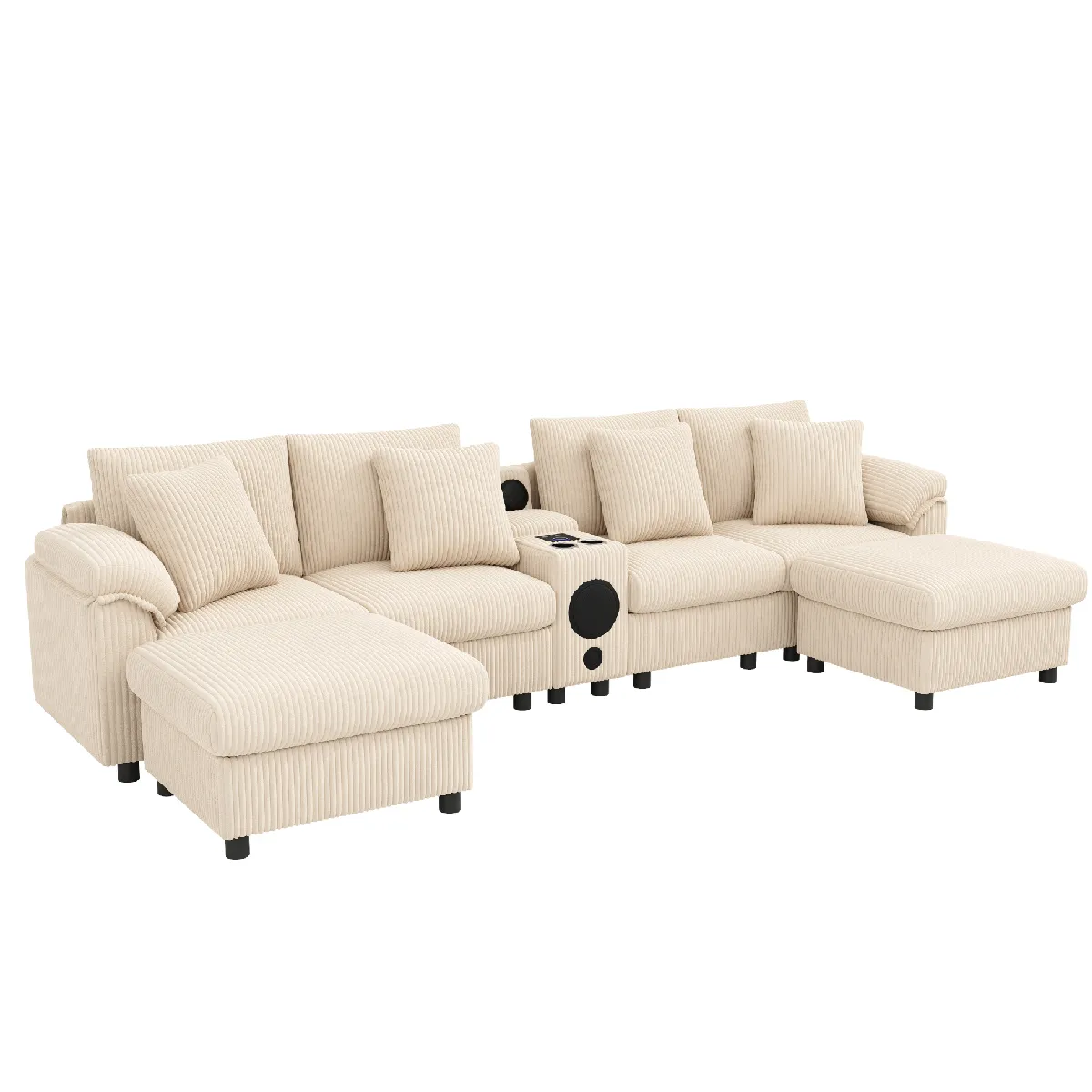 Canapé D'Angle Modulaire Pour 6 Places, Avec Haut-parleur Bluetooth, Charge Sans Fil, Ports Usb, Console Centrale, Porte-gobelets, Coussins Et Espace De Rangement, En Tissu Velours Côtelé, Beige