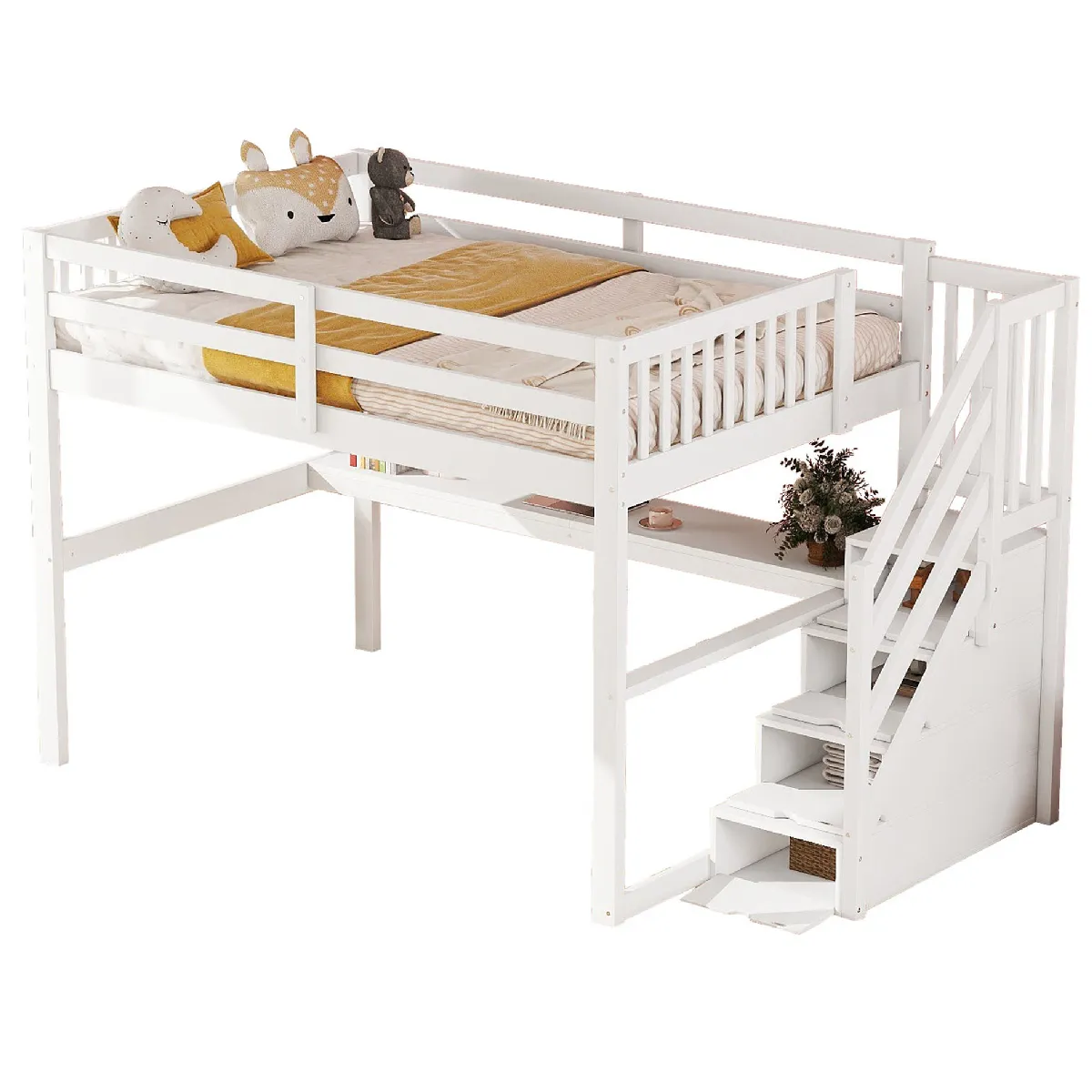 Lit mezzanine en pin blanc avec bureau et tiroirs 140 x 200 cm