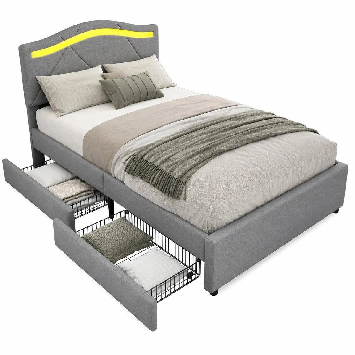 Lit Avec Tiroirs 90x200 Cm Avec 2 Tiroirs Et Led, Tête De Lit Réglable, En Lin, Gris, Sans Matelas