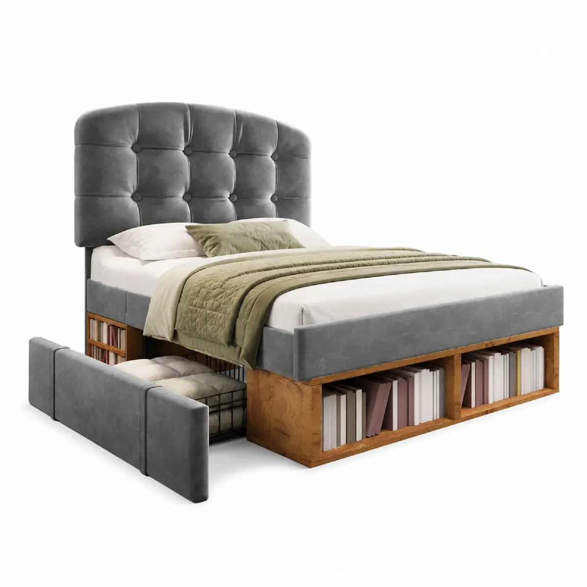 Lit Simple 90x200 Cm Avec Tête De Lit Réglable, Rangements Et Tiroirs, En Velours Gris, Sans Matelas