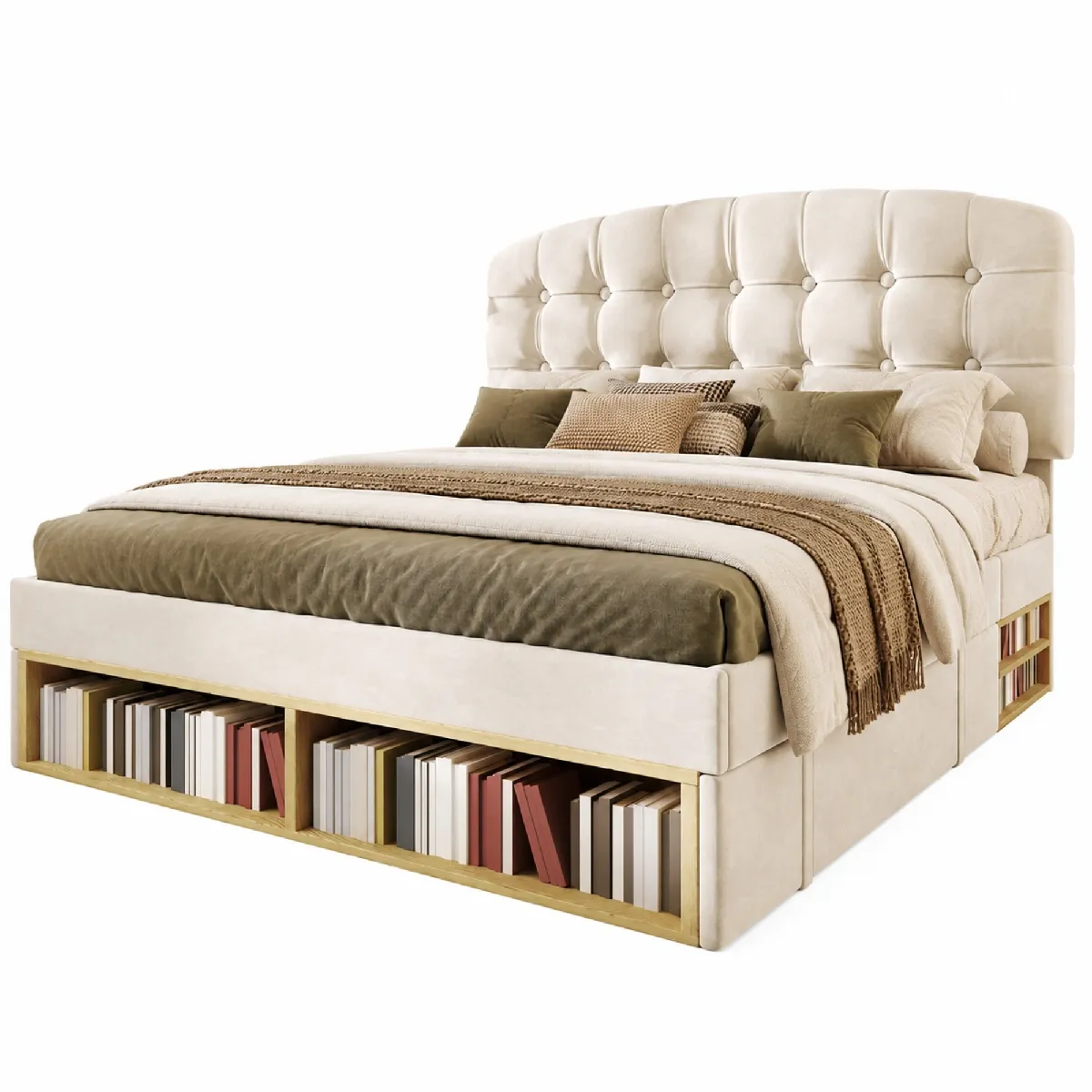 Lit Adulte 140x190 Cm Avec Tête De Lit Réglable, Tiroirs Et Rangements, En Velours Beige, Sans Matelas