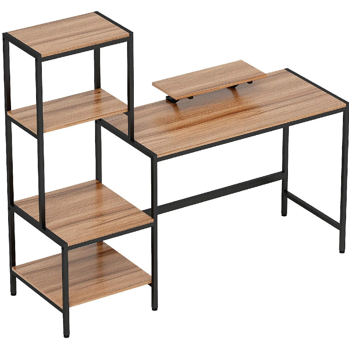 Bureau Informatique Marron Avec Étagère Réversible 4 Niveaux, Rehausse Écran Et Support Imprimante, 150x48x125 Cm