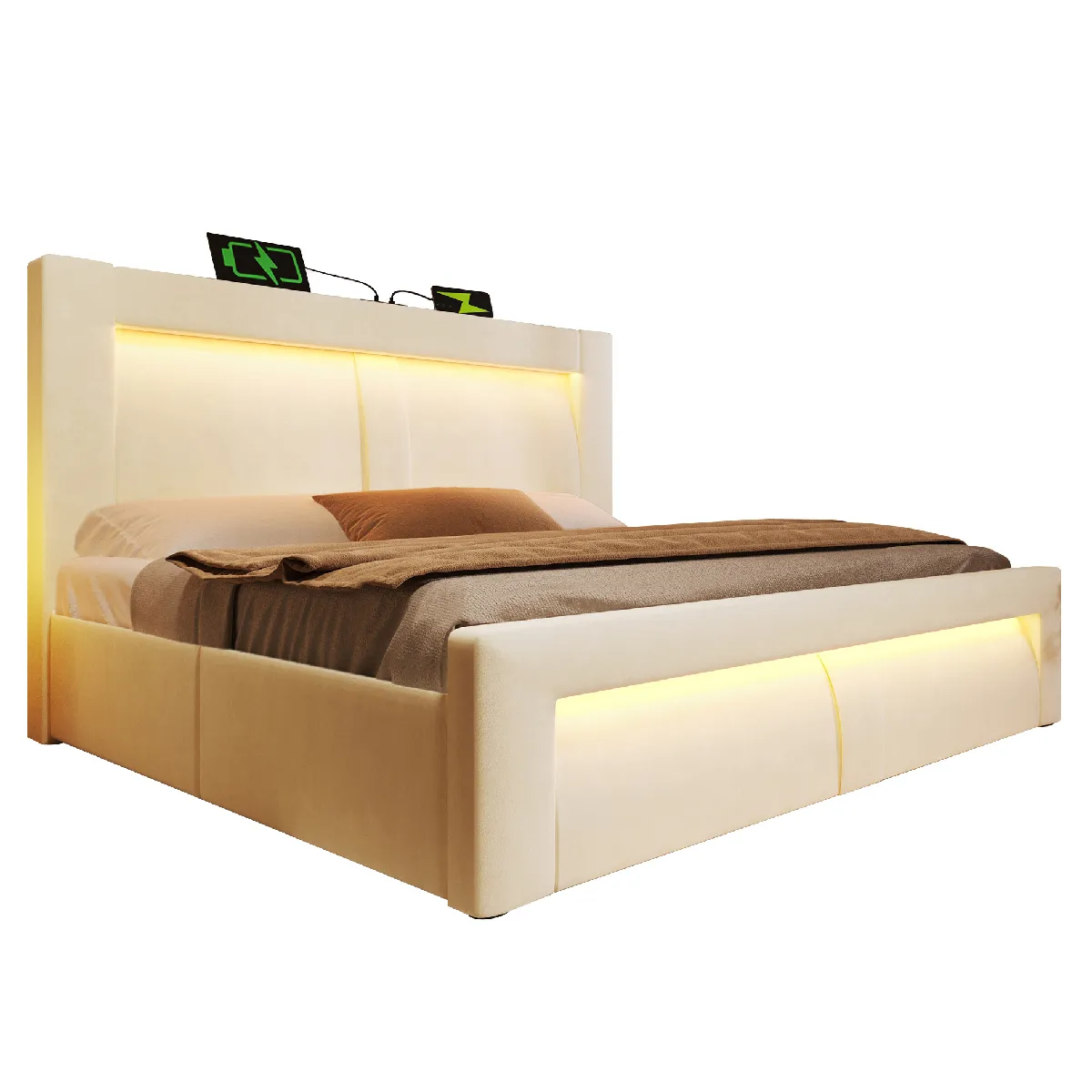 Lit Coffre 140x200 Cm Avec Rangement Hydraulique Et Led, En Velours, Beige, Matelas Inclus