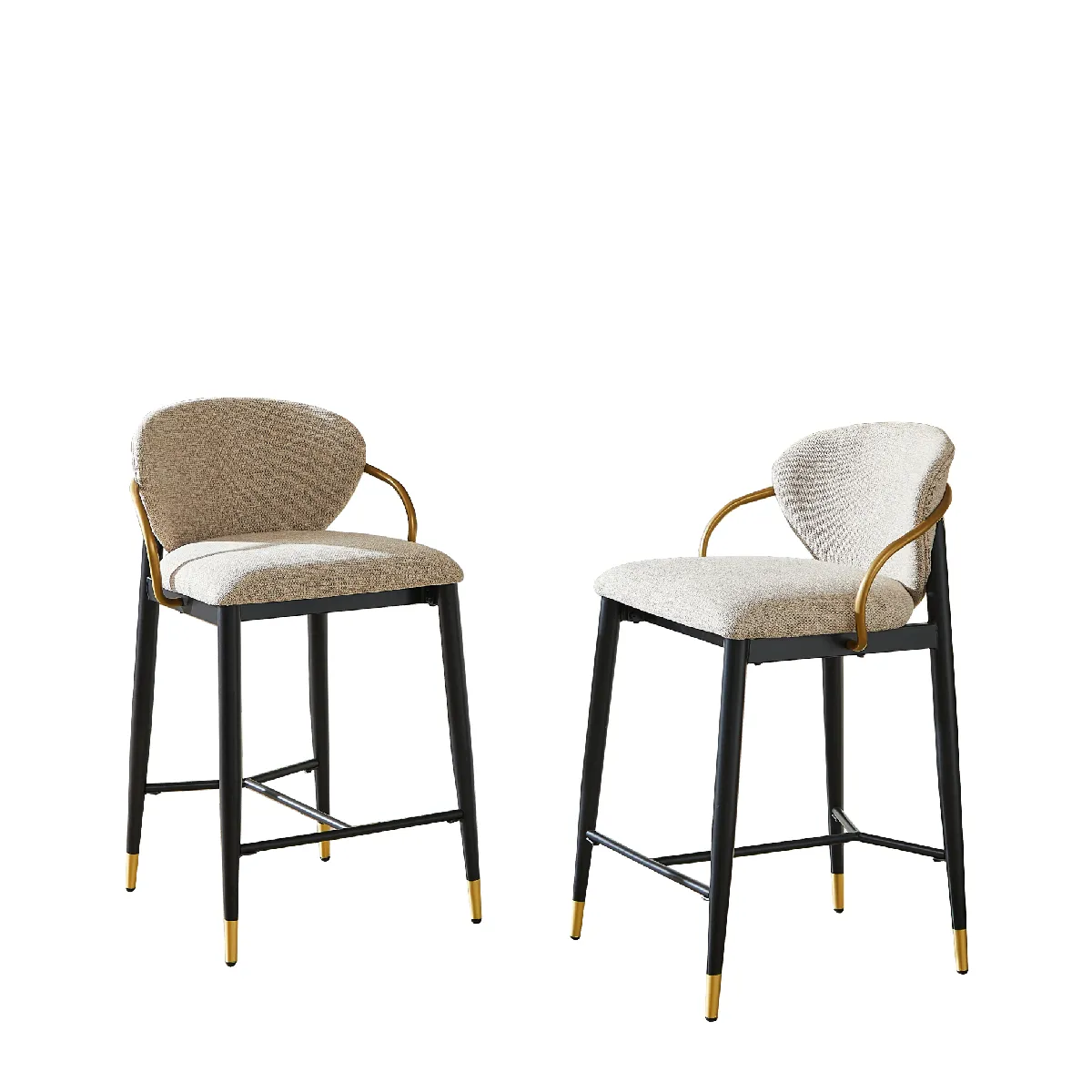 Tabouret de bar avec dossier repose pieds pieds réglables un cm tissu chenille marron clair métal noir or