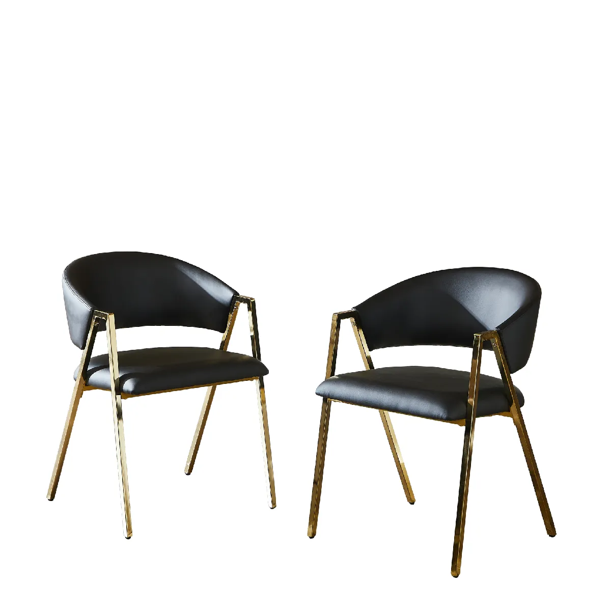 Chaise de salle à manger en similicuir noir avec dossier cadre en métal doré et pieds réglables