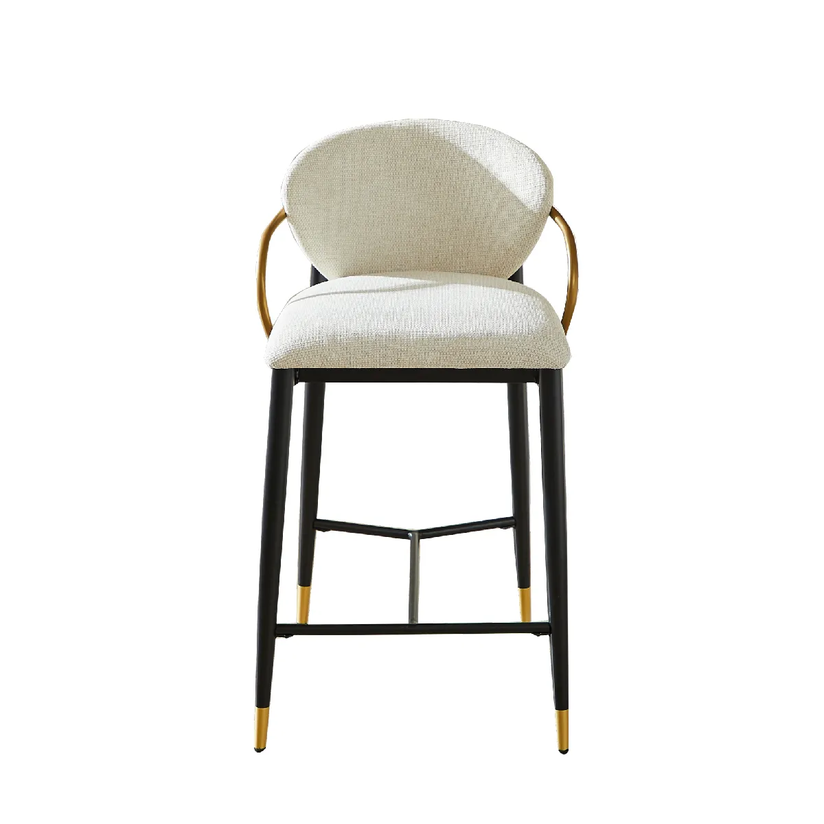 Tabouret de bar avec dossier et repose pieds en tissu chenille beige structure en métal noir et doré pieds réglables
