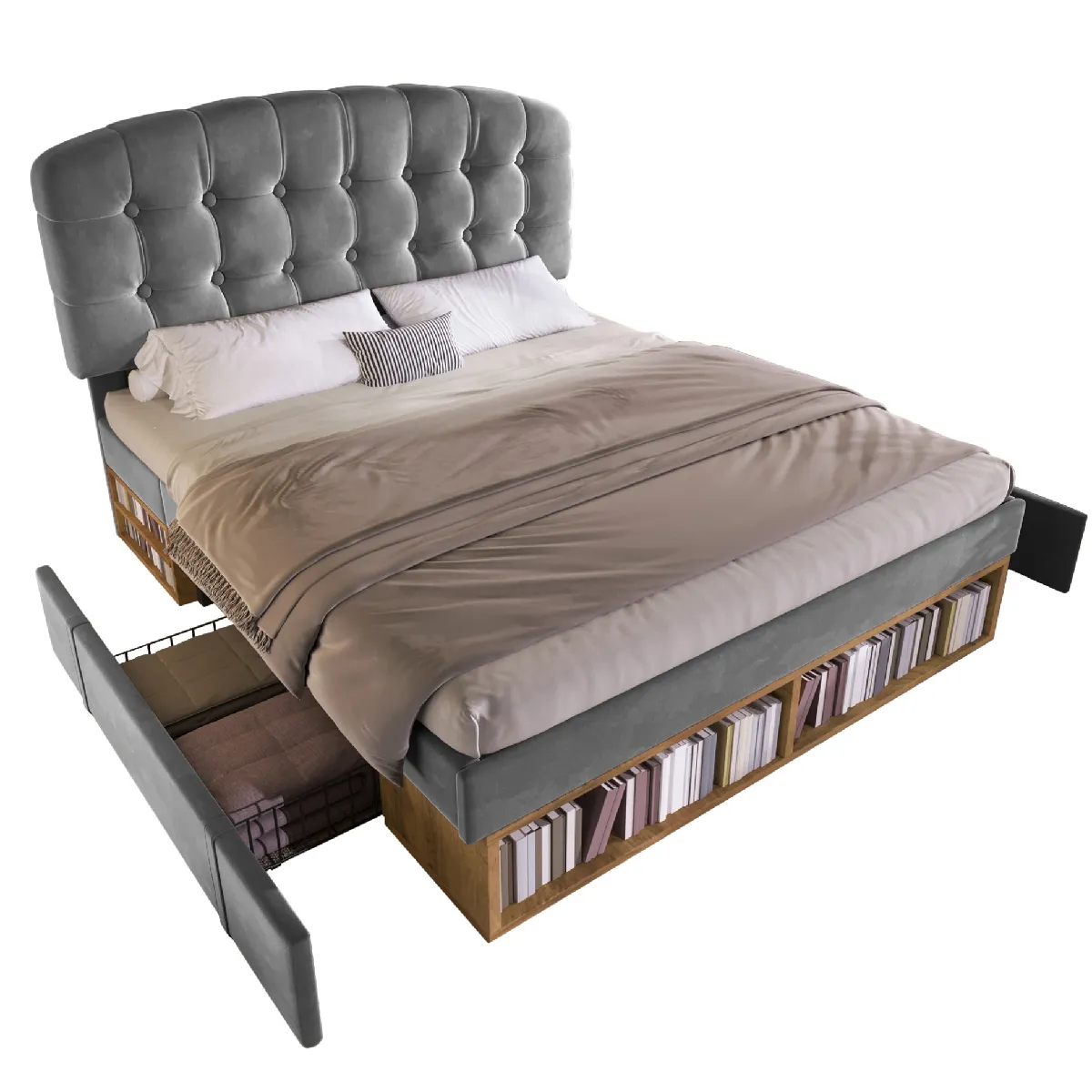 Lit Adulte 140x190 Cm Avec Tête De Lit Réglable, Tiroirs Et Rangements, En Velours Gris, Sans Matelas