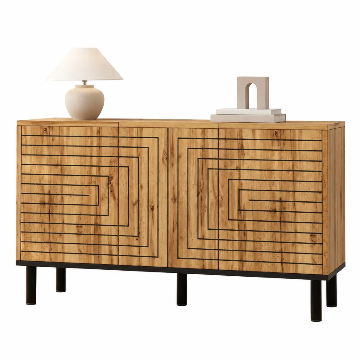 Buffet bas avec 3 portes sans poignée 6 compartiments motif ondulé en MDF et panneaux de particules naturel 120 x 35 x 68 cm