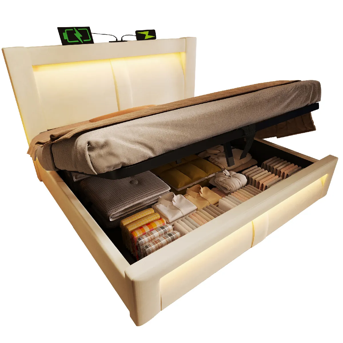 Lit Coffre 160x200 Cm Avec Led Et Ports Usb Et Type-c, En Velours Beige, Matelas Inclus