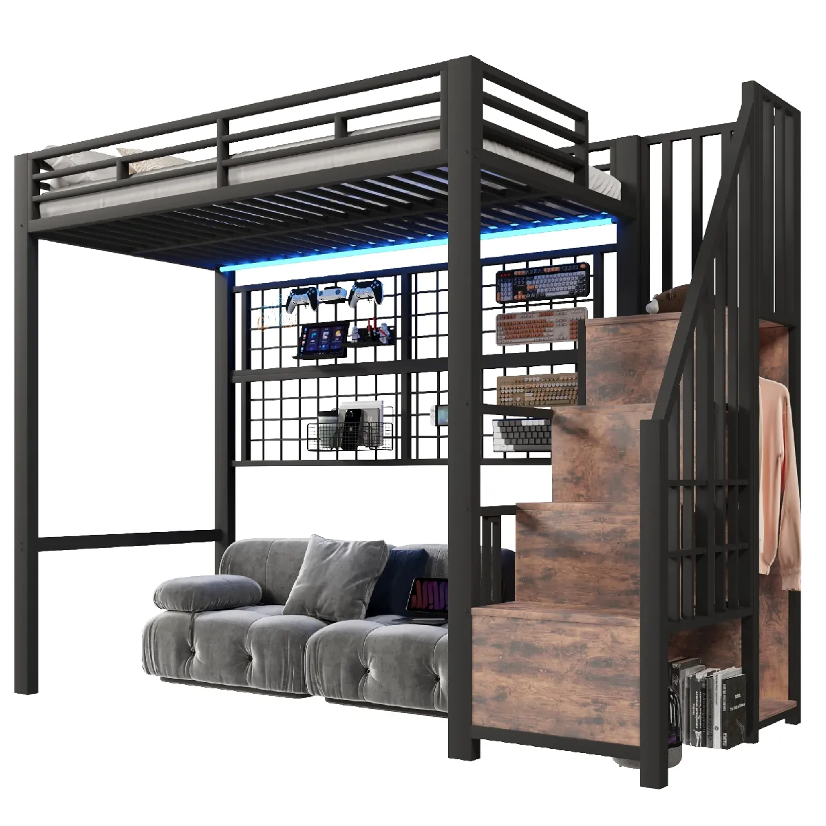 Lit Mezzanine 90x200 Cm Avec Échelle De Rangement Et Penderie, Led, En Métal Noir, Sans Matelas