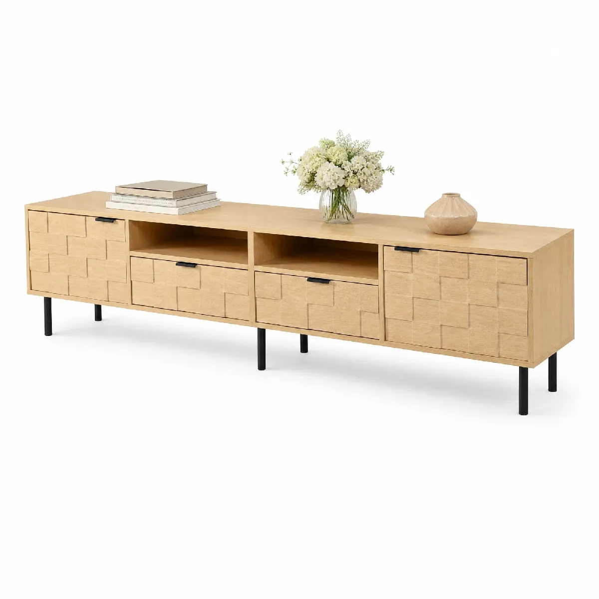Meuble TV 200 cm couleur bois naturel avec 2 portes 2 tiroirs et 2 niches ouvertes en MDF et panneaux de particules