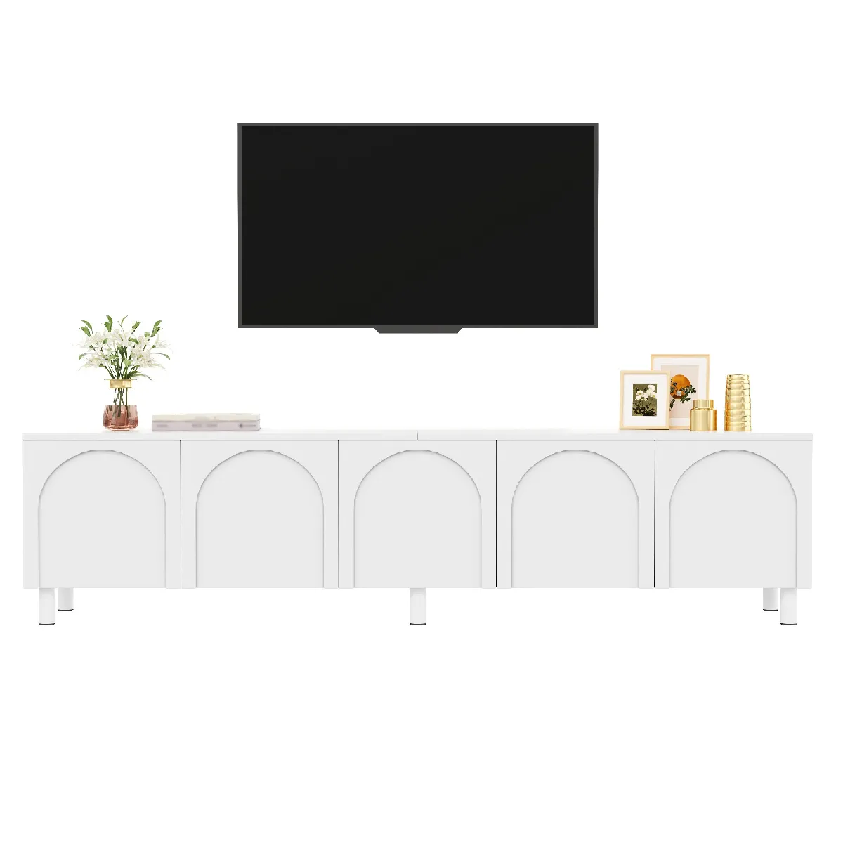 Meuble TV 180 cm moderne blanc avec 5 portes arquées passages de câbles pieds en métal en MDF et panneaux de particules