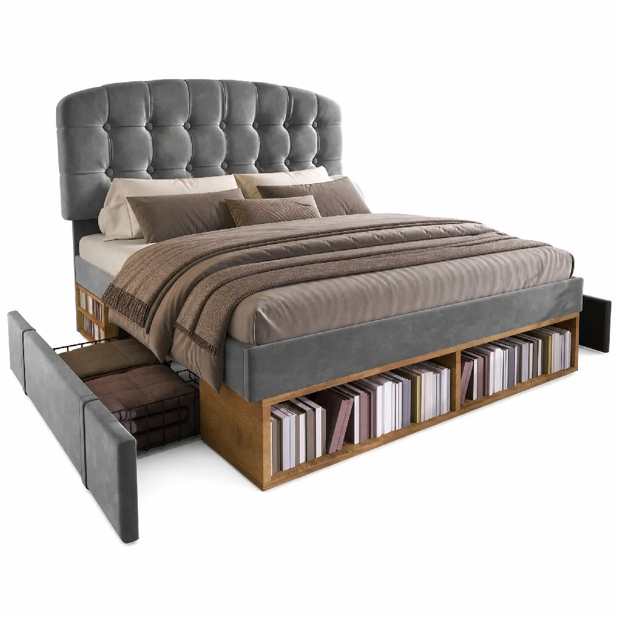 Lit Adulte 140x200 Cm Avec Tiroirs Et Rangements, Tête De Lit Réglable, En Velours Gris, Sans Matelas