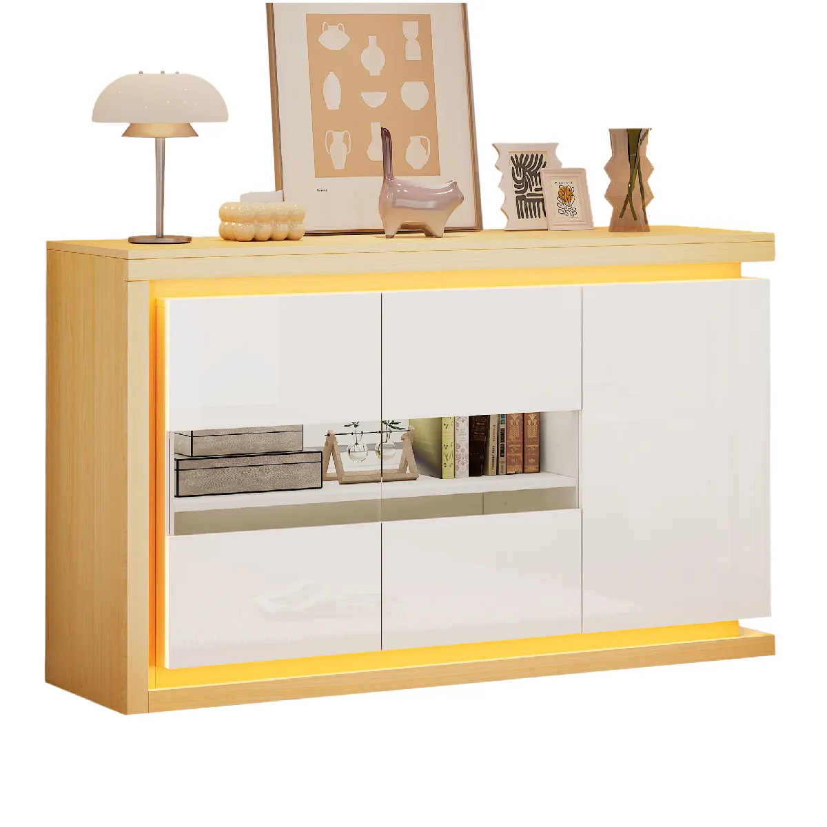 Buffet Avec Led, 3 Portes Et 4 Compartiments, En Blanc Et Bois Naturel, 140x40x84 Cm