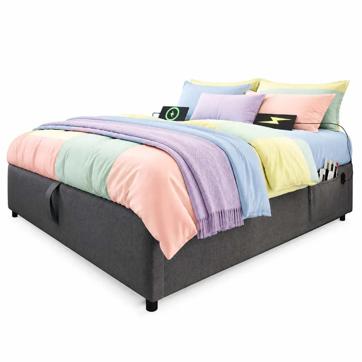 Lit Coffre 160x200 Cm Avec Rangement Et Ports Usb Et Type-c, Sans Tête De Lit, En Lin Gris, Sans Matelas