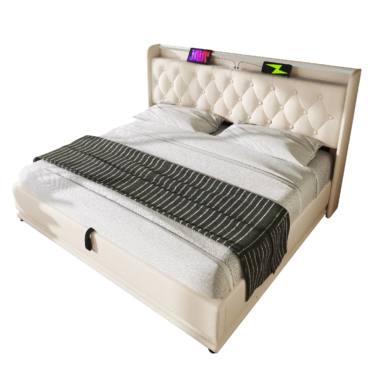 Lit Coffre 140x190 Cm Avec Led 360° Et Ports Usb Et Type-c, En Tissu, Blanc, Sans Matelas