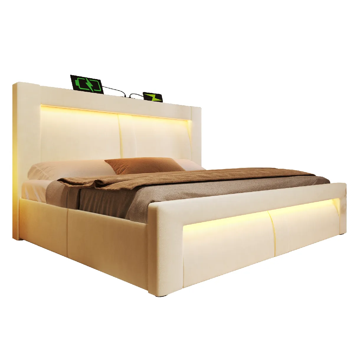 Lit Coffre 140x200 Cm Avec Led Et Ports Usb Et Type-c, En Velours Beige, Sans Matelas