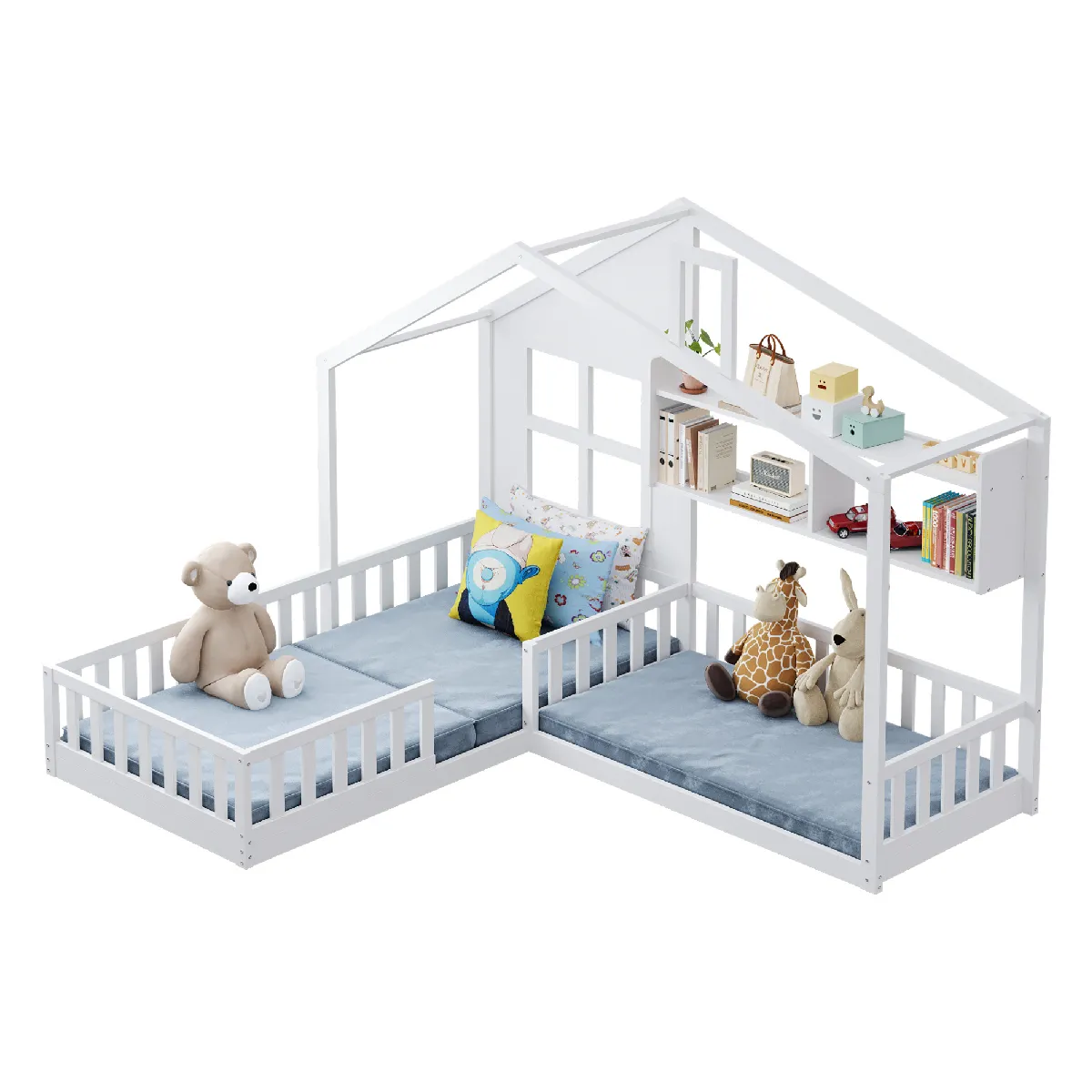 Lit Enfant 90x200 Cm Avec Led Et Étagères, En Forme De Maison, Barrière De Sécurité, En Bois Blanc, Sans Matelas