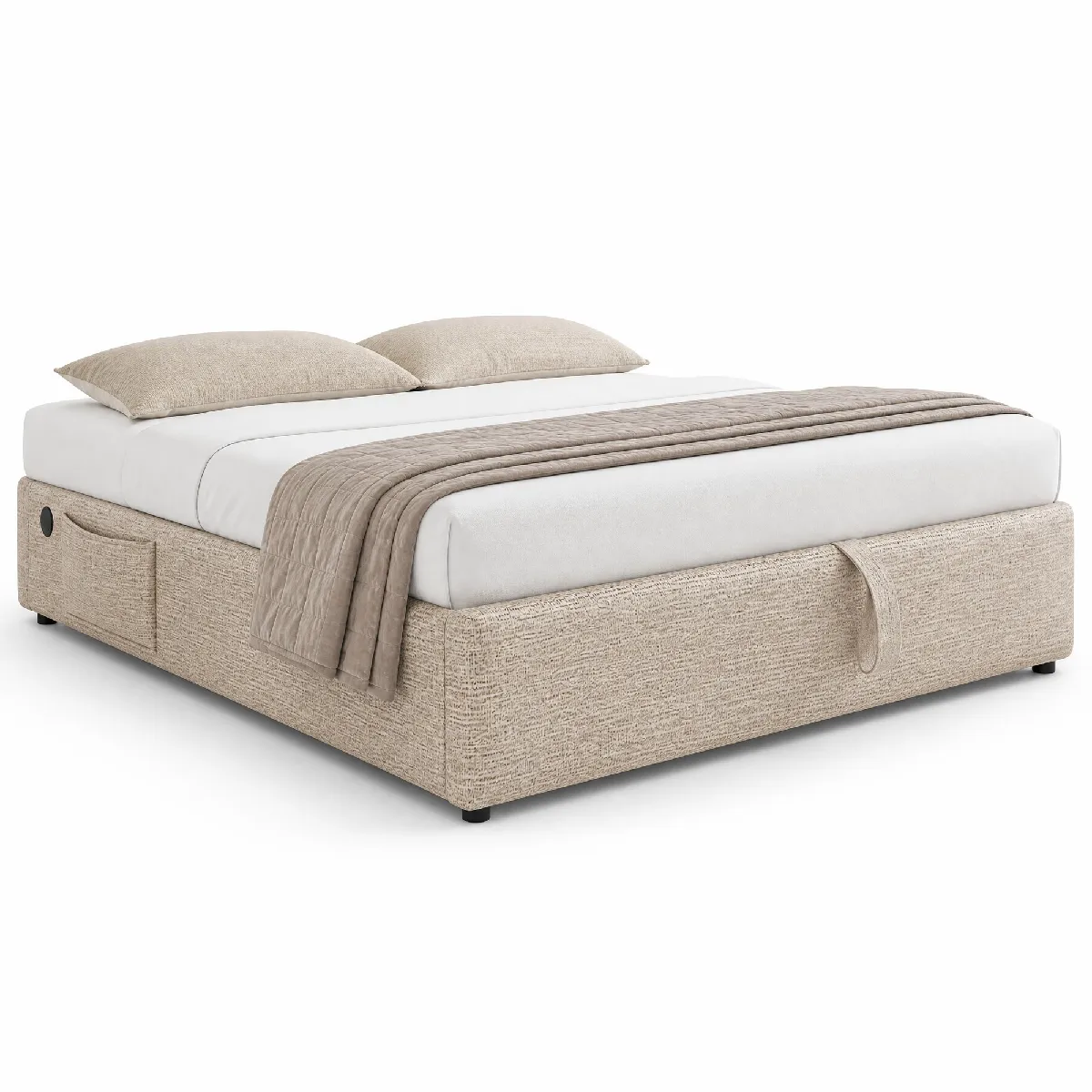 Lit Coffre 160x200 Cm Avec Ports Usb Et Type-c Et Rangement, Sans Tête De Lit, En Lin Beige, Sans Matelas