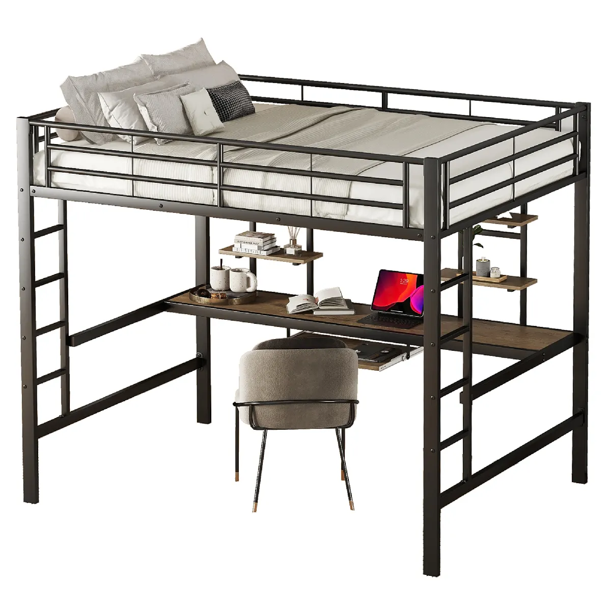 Lit mezzanine en métal noir avec bureau et étagères 140 x 200 cm