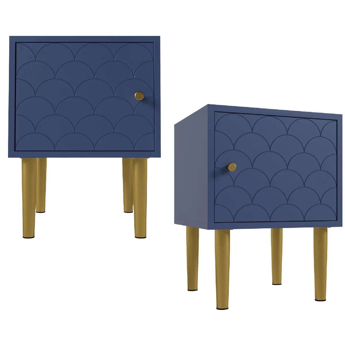Table De Chevet 35x35x51 Cm Avec Motif Écailles De Poisson, Bleu Marine