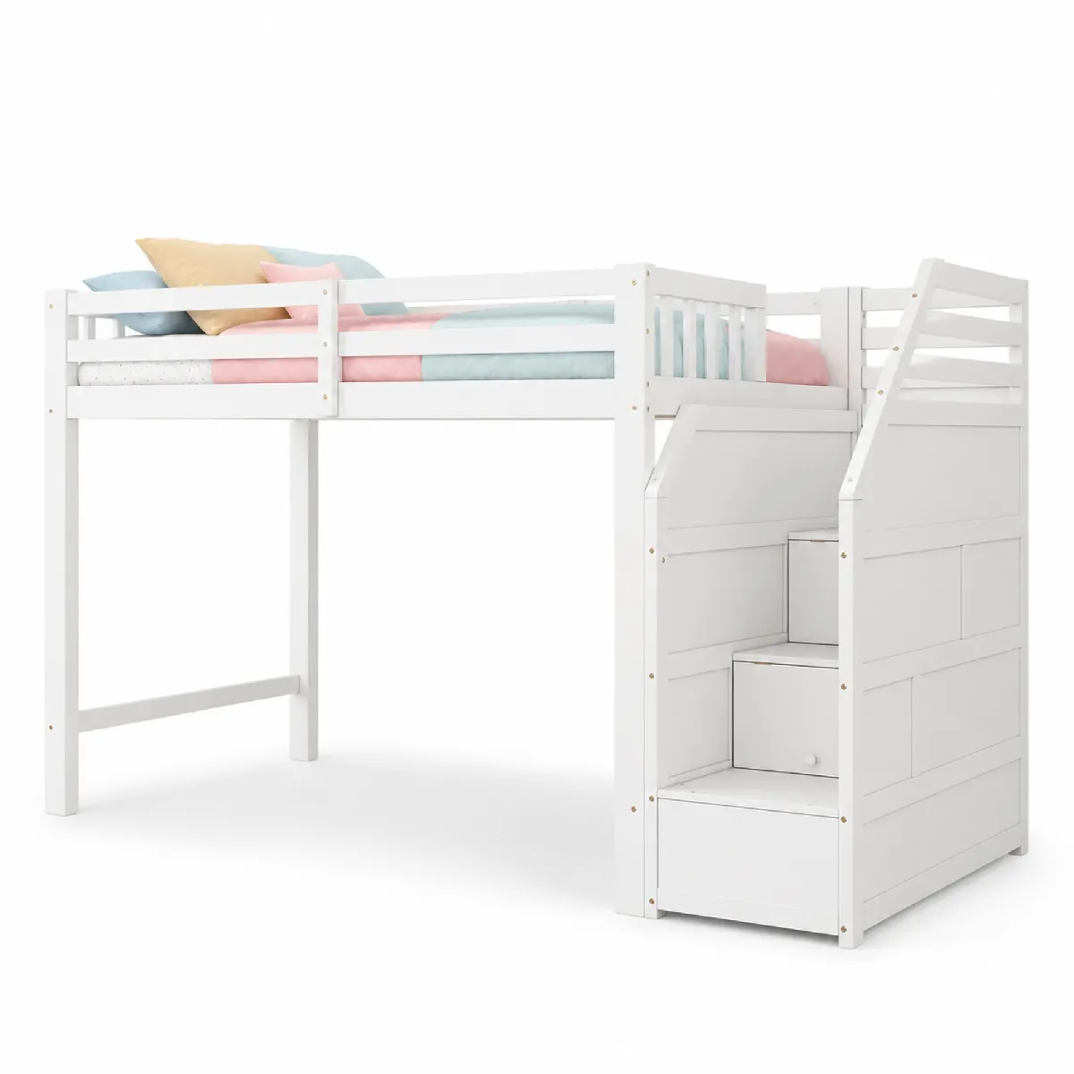 Lit Mezzanine 90x200 Cm Avec Sommier À Lattes, Garde-corps Et Escalier De Rangement En Bois Blanc, Sans Matelas