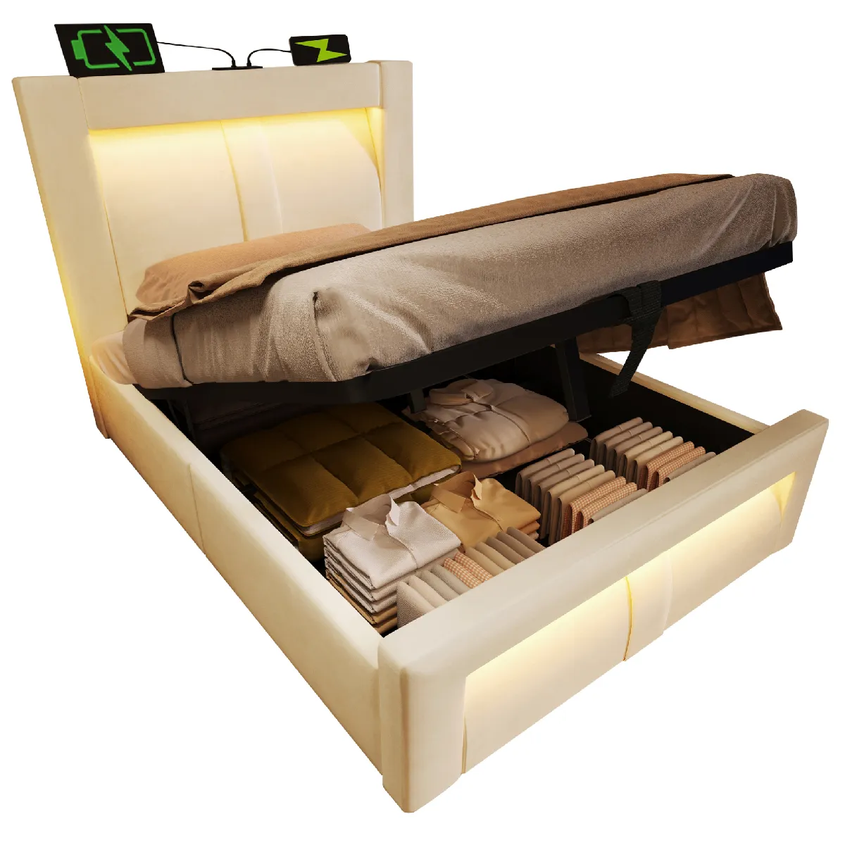 Lit Coffre 90x200 Cm Avec Led, Ports Usb Et Type-c, En Velours Beige, Matelas Inclus