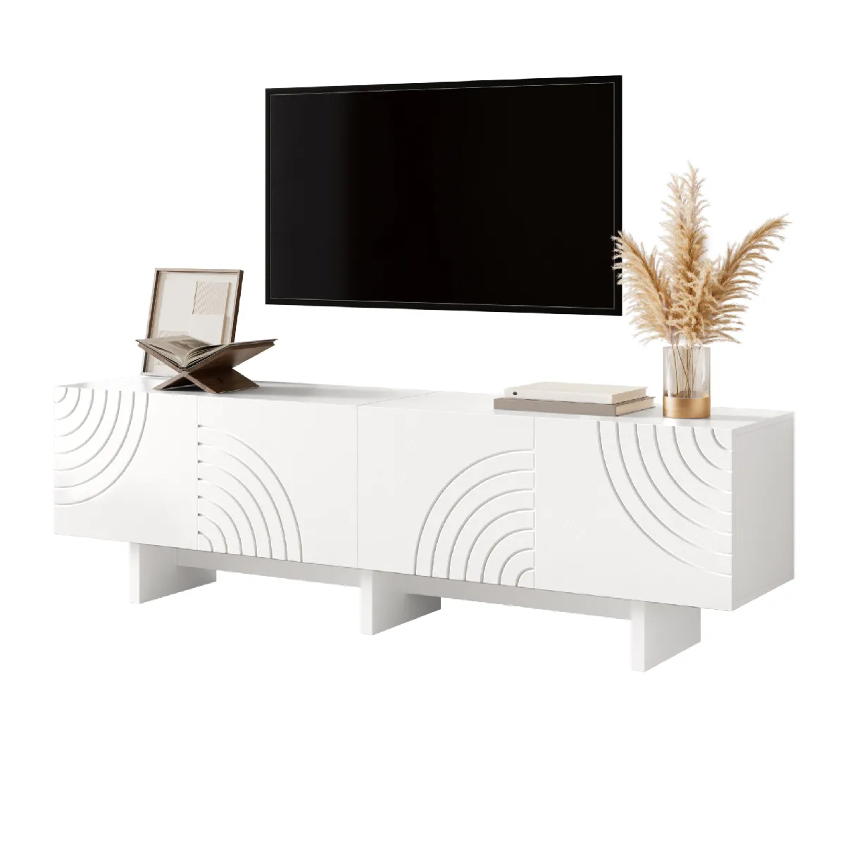 Meuble TV 170 cm blanc avec 4 portes façades en relief motif géométrique en arc et passe câbles en MDF et panneaux de particules