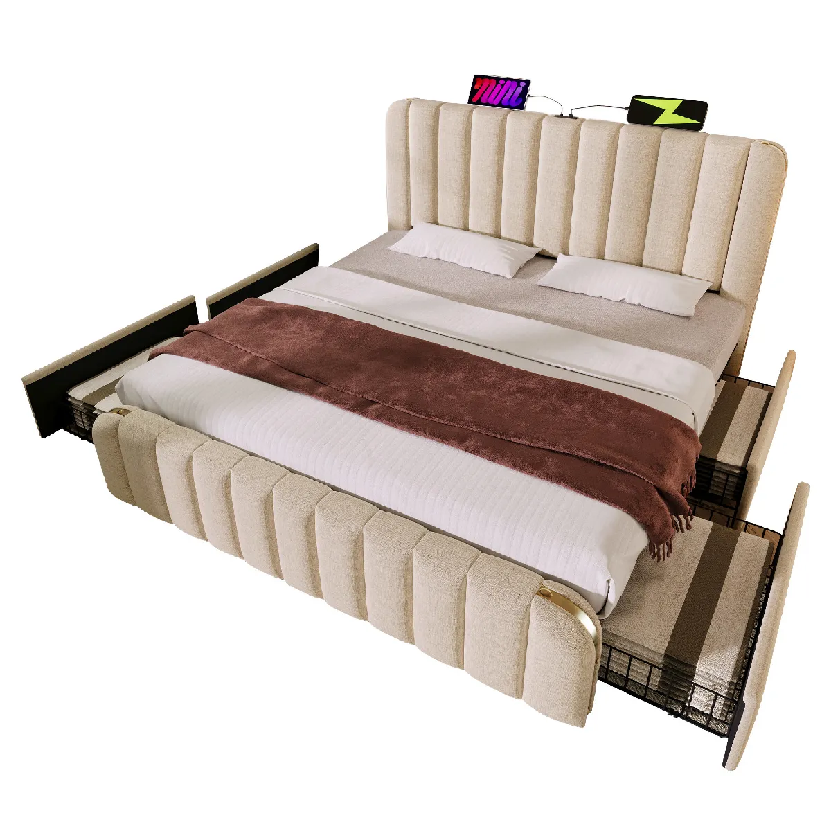 Lit Adulte 140x190 Cm Avec 4 Tiroirs, Tête De Lit Avec Ports Usb Et Type-c, En Lin Beige, Sans Matelas