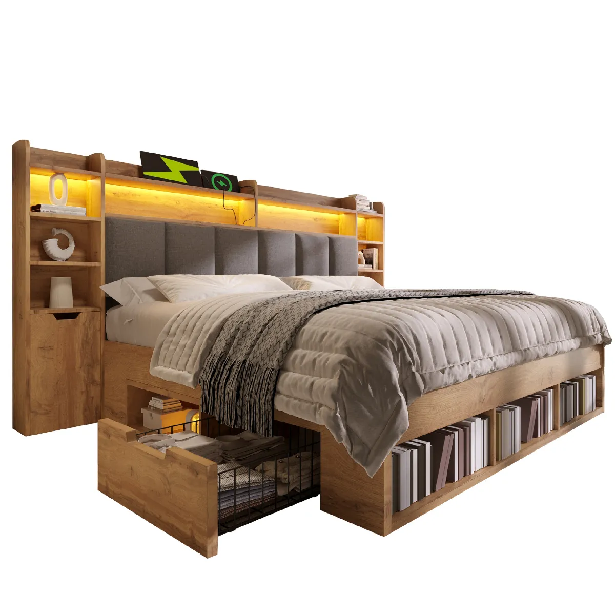Lit Avec Tiroirs 160x200 Cm Avec Led, Ports Usb Et Type-c, En Bois Chêne, Sans Matelas