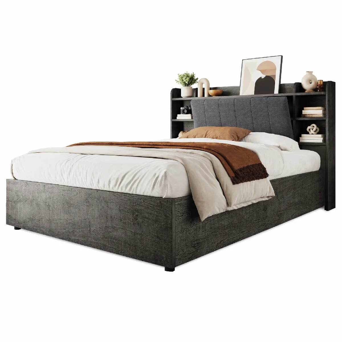 Lit Coffre 180x200 Cm Avec Ports Usb Et Type-c, Tête De Lit, En Bois Gris, Sans Matelas