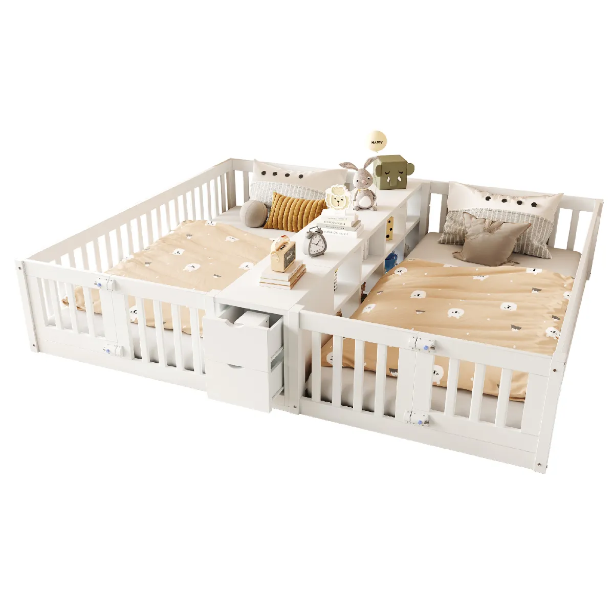 Okwish Lit Enfant Double 90x200 Cm, Avec Rangements, Bois Massif, Blanc, (sans Matelas)