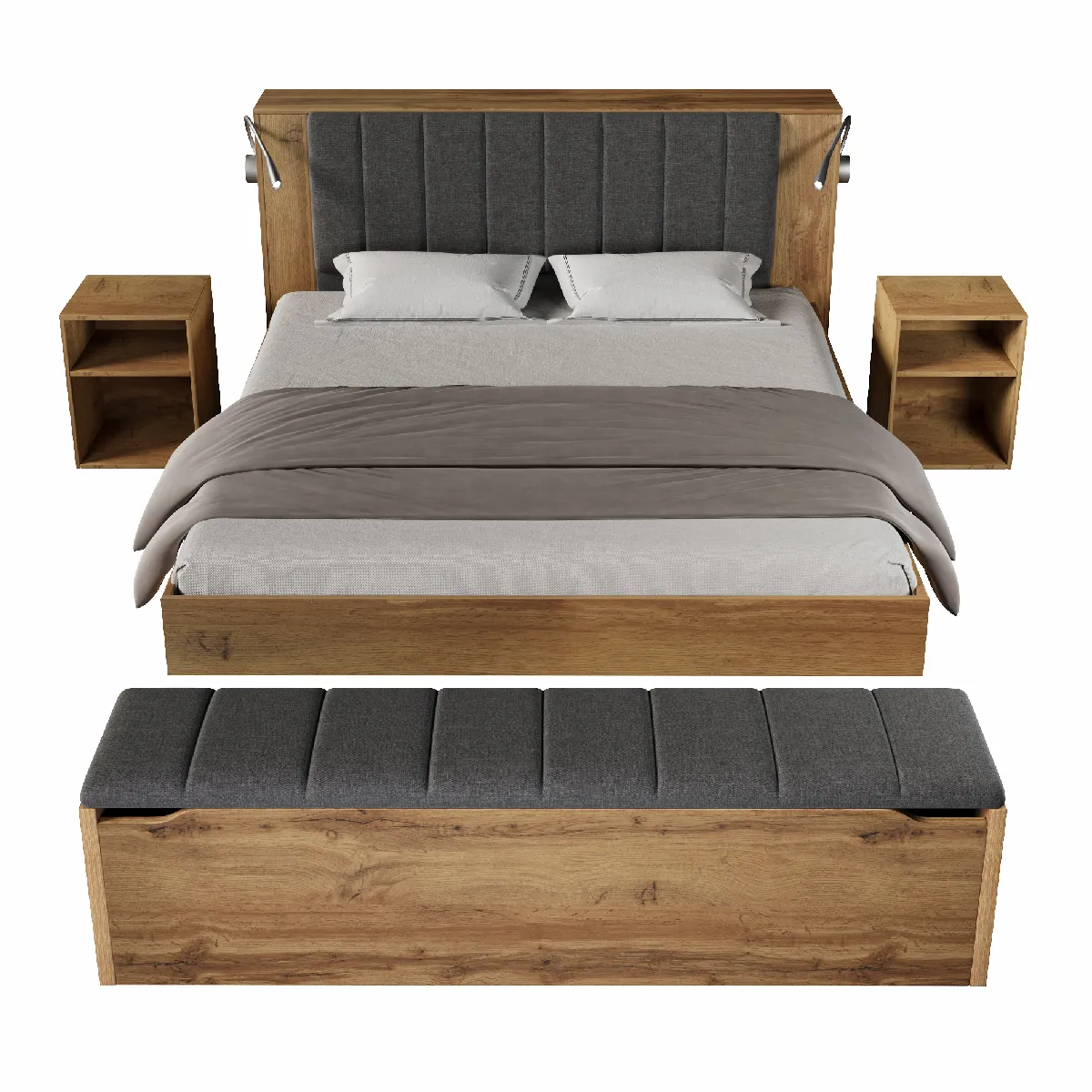 Lit Double 160x200 Cm Avec Lampe Usb Et Rangements, Bois, Chêne (avec Matelas)
