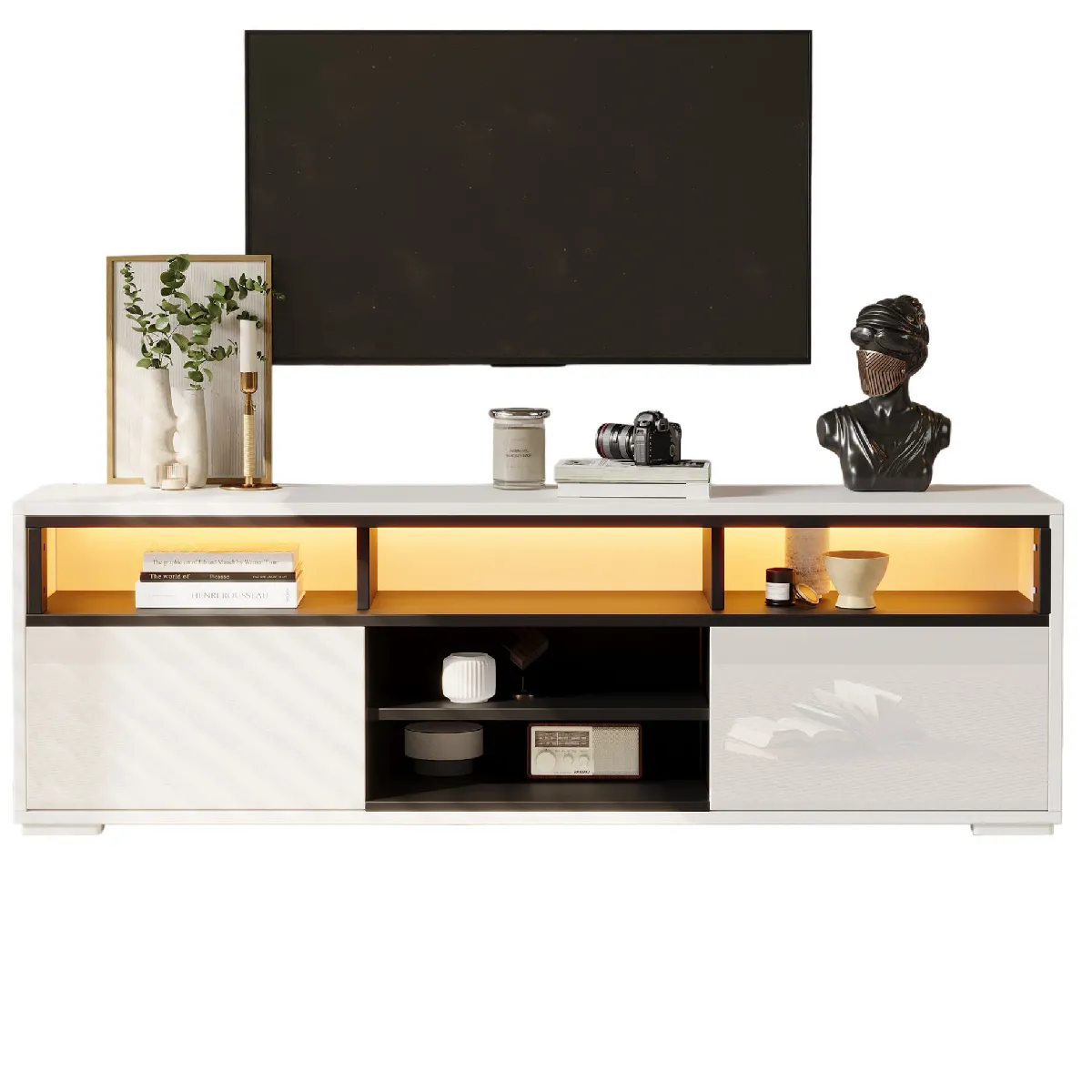 Meuble TV 150 cm blanc et noir avec éclairage LED 2 portes et niches ouvertes pour téléviseur 65 pouces en panneaux de particules