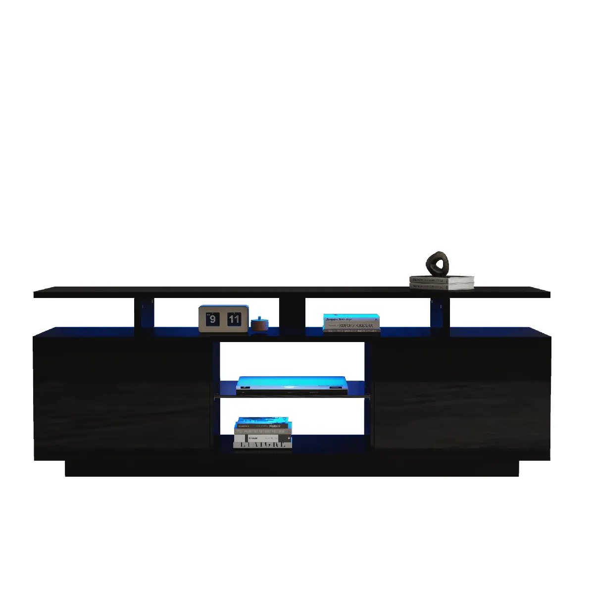 Meuble TV 140 cm noir avec éclairage LED contrôlé par application 2 portes et 5 niches ouvertes en panneaux de particules