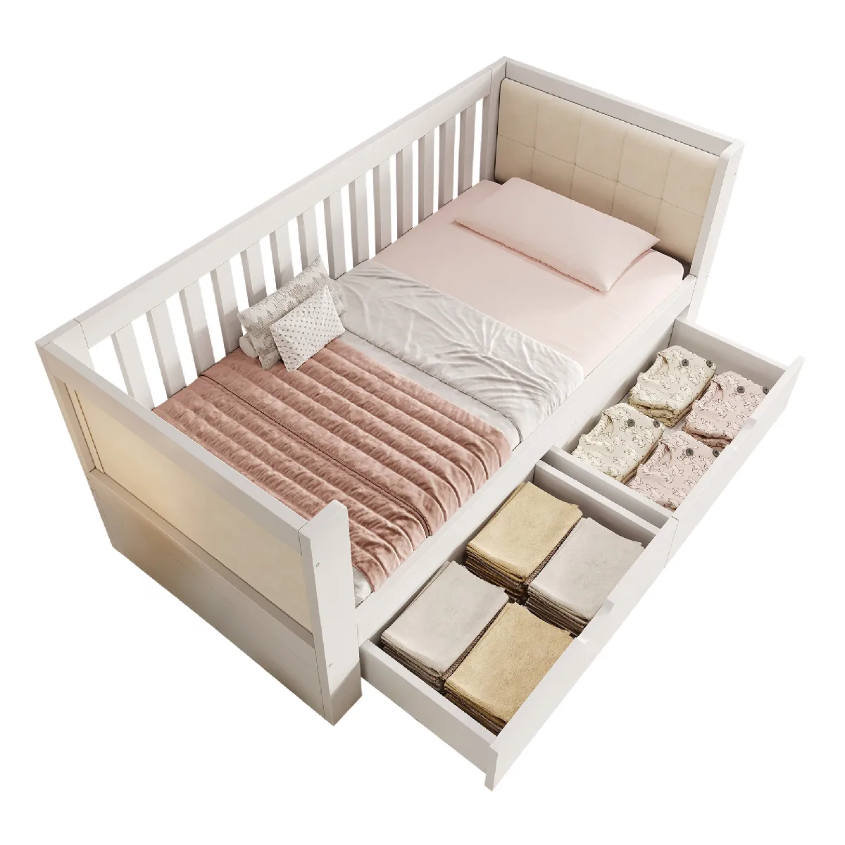 Lit Gigogne 90x190 Cm - Lit Simple Avec 2 Tiroirs, Accoudoirs, Dossier - En Bois Blanc - Sans Matelas