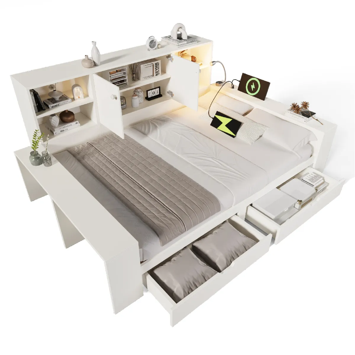 Lit Avec Tiroirs 140x200 Cm Avec Tiroirs, Tête De Lit Avec Ports Usb Et Type-c, En Bois, Blanc, Sans Matelas