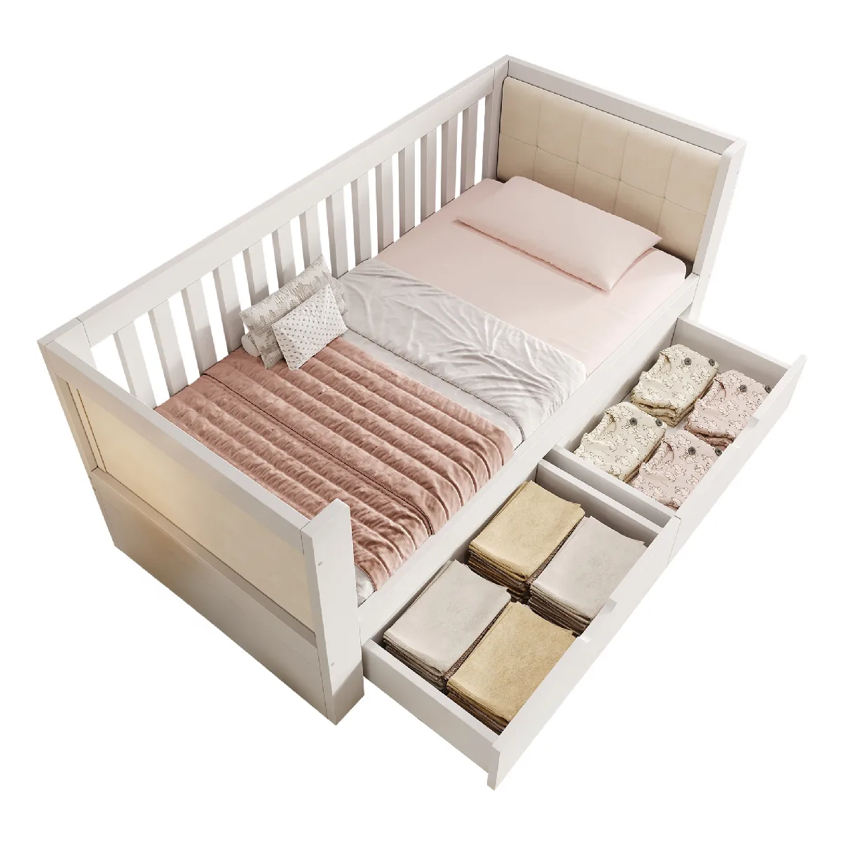 Lit Gigogne 90x200 Cm - Cadre De Lit Avec 2 Tiroirs, Accoudoirs Et Dossier - En Bois Blanc - Sans Matelas