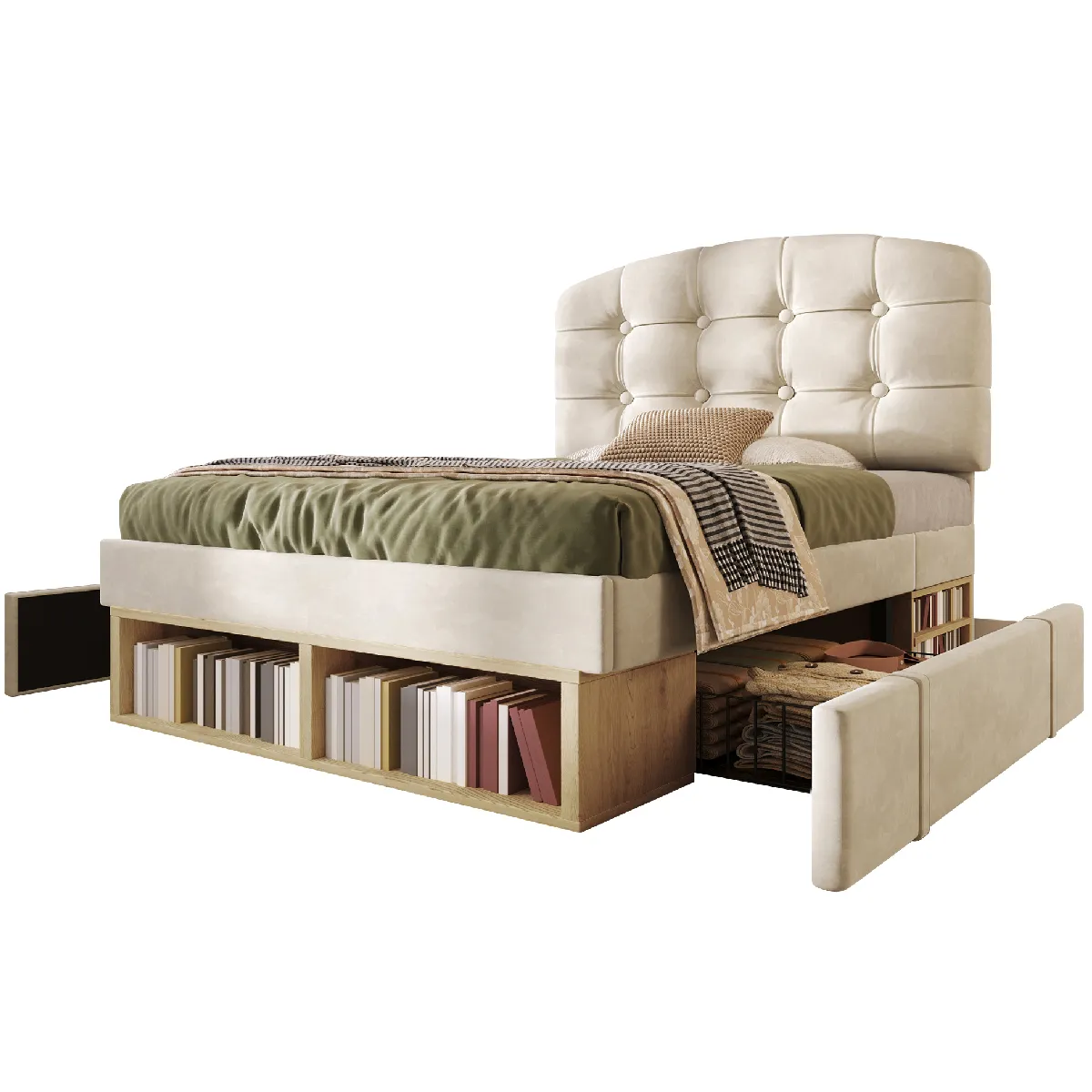 Lit Simple 90x200 Cm Avec Tête De Lit Réglable Et Tiroirs, En Velours Beige, Sans Matelas