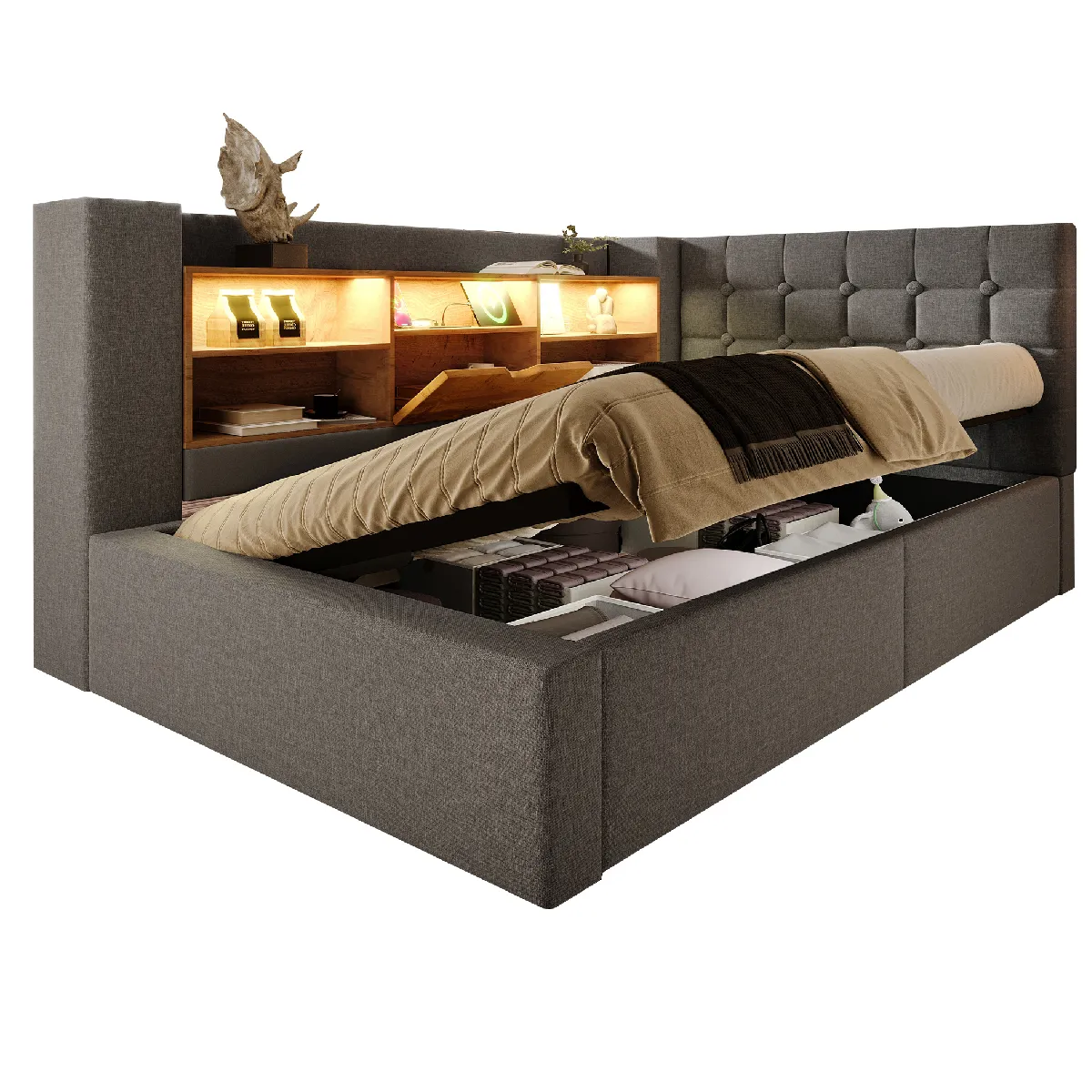 Okwish Lit Coffre 90x200 Cm Avec Led Et Ports Usb, Tissu Lin, Gris (avec Matelas)