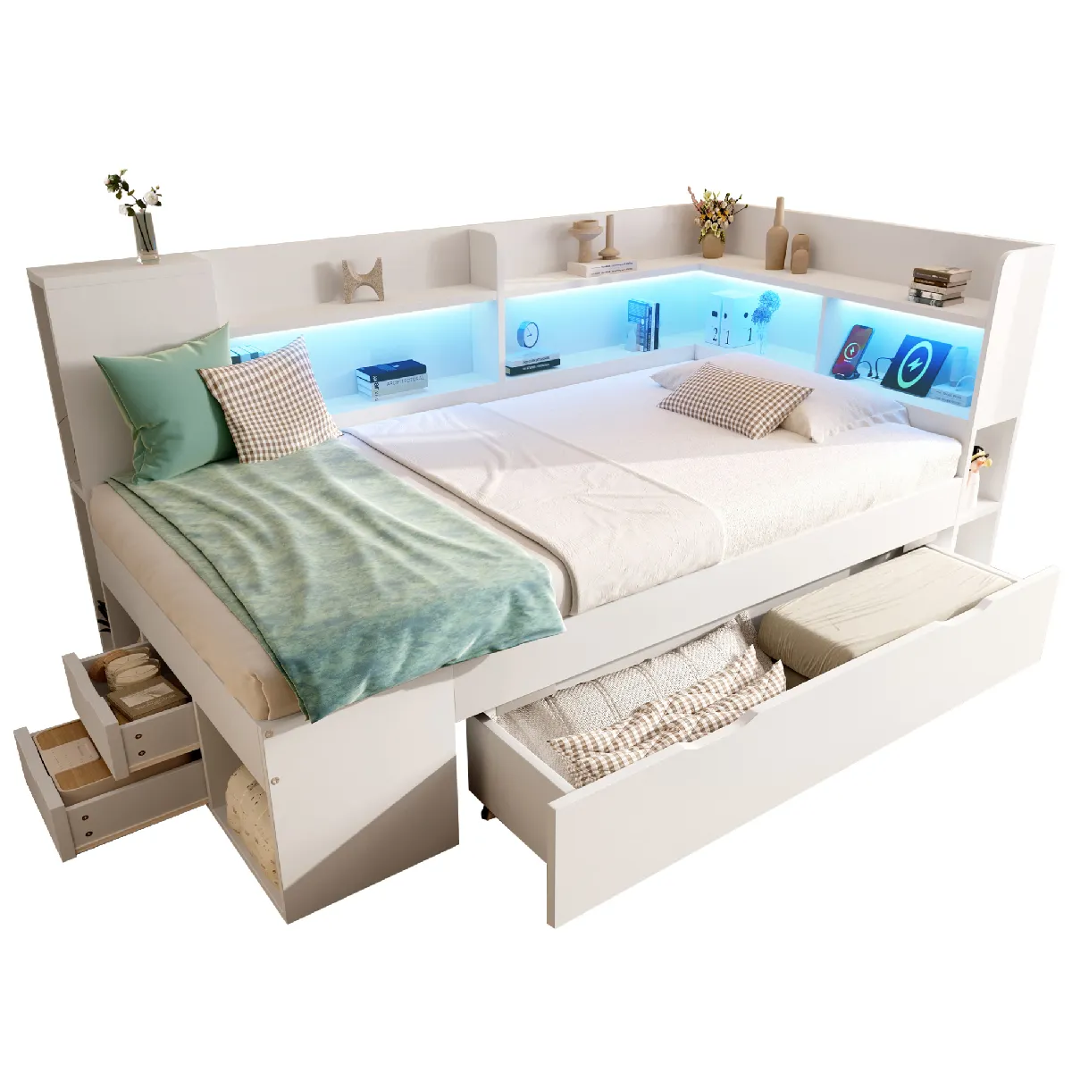 Lit Avec Tiroirs 90x200 Cm Avec Led, Rangements Et Ports Usb Et Type-c, En Bois, Blanc, Matelas Inclus