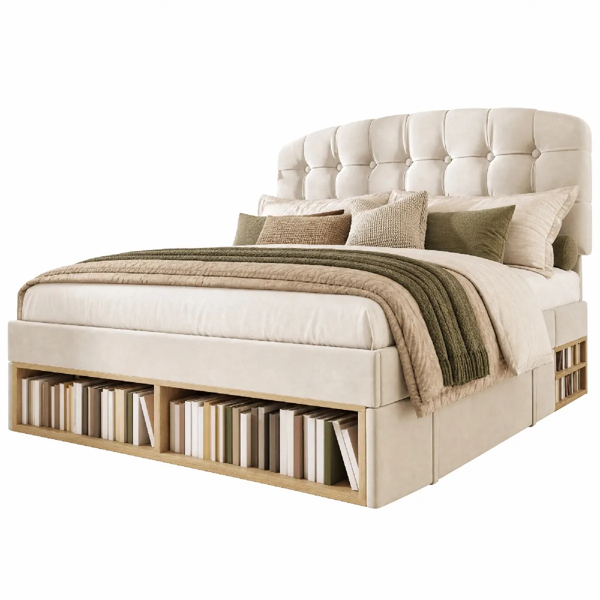 Lit Adulte 140x200 Cm Avec Tête De Lit Réglable Et Tiroirs, En Velours Beige, Sans Matelas